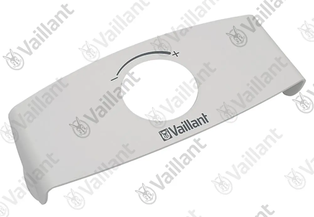 Frontblende in Weiß mit Öffnung in der Mitte und "+"-Symbol, mit dem Logo von Vaillant. Eignet sich zur Abdeckung eines Heizungsbrenners.